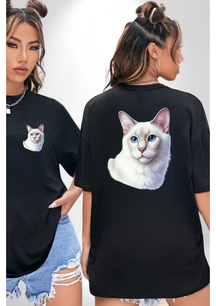 Ragdoll Kedisi Siyah Oversize Kadın Erkek Ön ve Sırt Baskılı Tişört