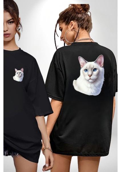 Ragdoll Kedisi Siyah Oversize Kadın Erkek Ön ve Sırt Baskılı Tişört fırsatları