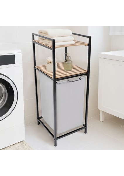 Ahşap Raflı Kirli Sepeti - 2 Katlı Raflı Çamaşır Sepeti Çok Amaçlı Banyo Düzenleyici 55 Litre Gri