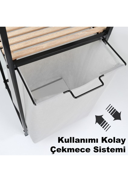 Ahşap Raflı Kirli Sepeti - 2 Katlı Raflı Çamaşır Sepeti Çok Amaçlı Banyo Düzenleyici 55 Litre Gri indirimleri