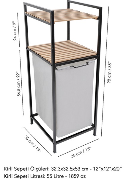 Ahşap Raflı Kirli Sepeti - 2 Katlı Raflı Çamaşır Sepeti Çok Amaçlı Banyo Düzenleyici 55 Litre Gri
