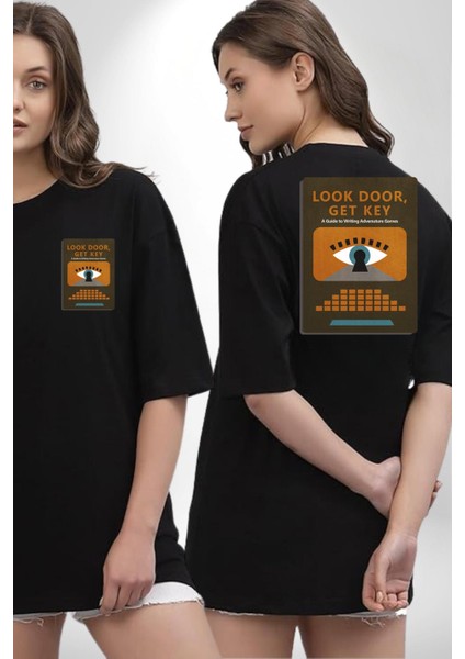 Look Door, Get Key Macera Oyunları Yazma Rehberi Siyah Oversize Kadın Erkek Ön ve Sırt Baskılı Tişört