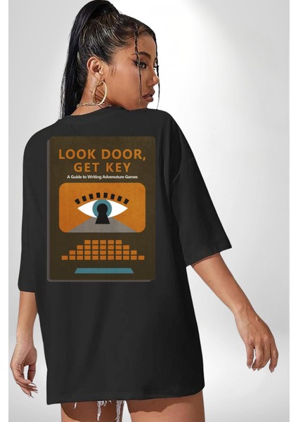 Look Door, Get Key Macera Oyunları Yazma Rehberi Siyah Oversize Kadın Erkek Ön ve Sırt Baskılı Tişört fiyatları