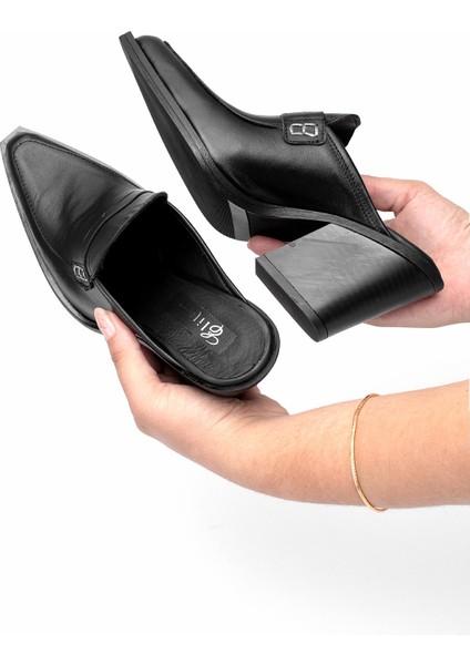 Elit Sienna Kadın Hakiki Deri Topuklu Terlik Siyah