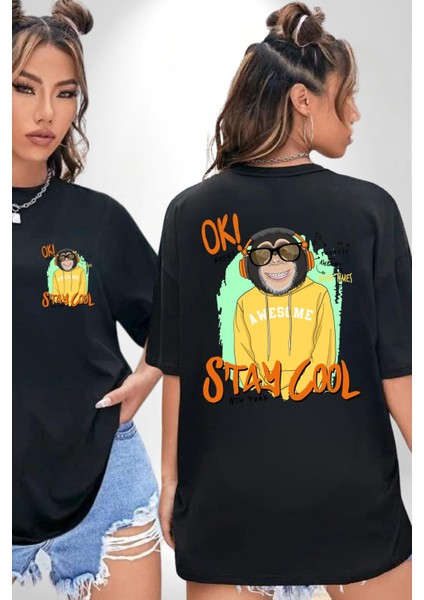 Stay Cool Eğlenceli Maymun Grafik Siyah Oversize Kadın Erkek Ön ve Sırt Baskılı Tişört fırsatları