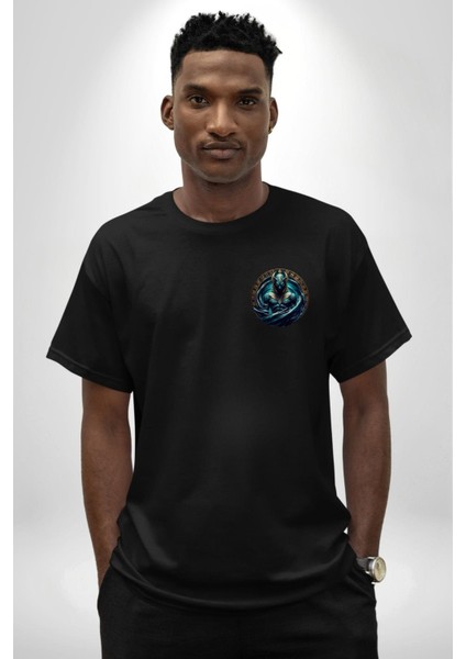 Nu Kaos ve Ilksel Su Tanrısı Mısır Siyah Oversize Kadın Erkek Ön ve Sırt Baskılı Tişört modelleri