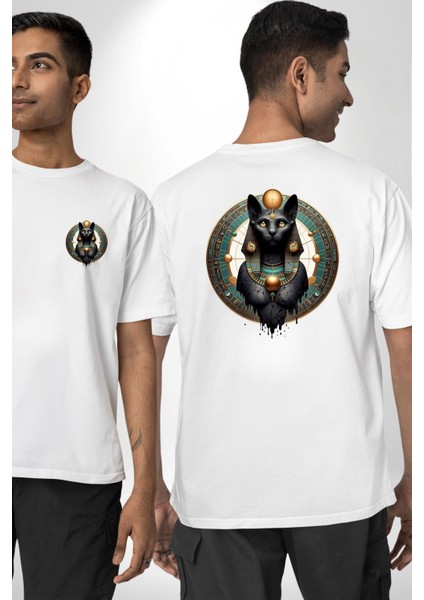 Bastet Tanrıçası Kutsal Kedi Antik Mısır Beyaz Oversize Kadın Erkek Ön ve Sırt Baskılı Tişört