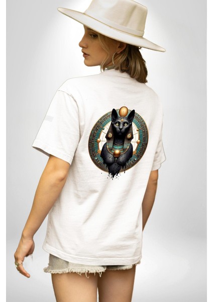 Bastet Tanrıçası Kutsal Kedi Antik Mısır Beyaz Oversize Kadın Erkek Ön ve Sırt Baskılı Tişört fiyatları