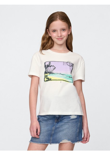 Kız Çocuk Beyaz Grafik Baskılı T-Shirt