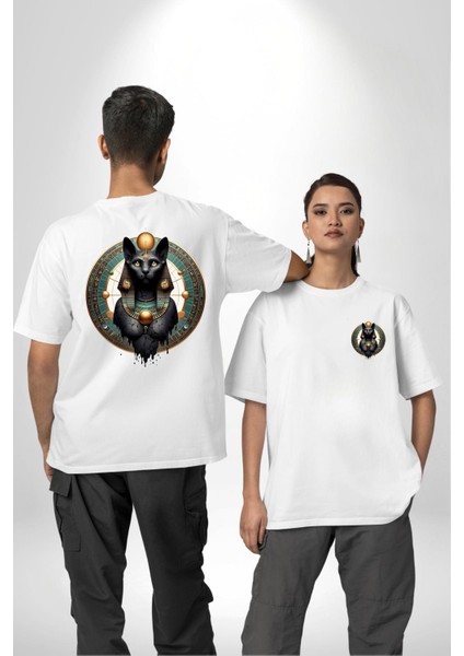 Bastet Tanrıçası Kutsal Kedi Antik Mısır Beyaz Oversize Kadın Erkek Ön ve Sırt Baskılı Tişört fırsatları