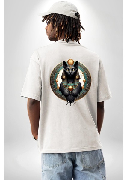 Bastet Tanrıçası Kutsal Kedi Antik Mısır Beyaz Oversize Kadın Erkek Ön ve Sırt Baskılı Tişört indirimleri