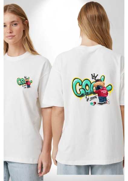 Cool Graffiti Baskılı Genç ve Sokak Modası Beyaz Oversize Kadın Erkek Ön ve Sırt Baskılı Tişört