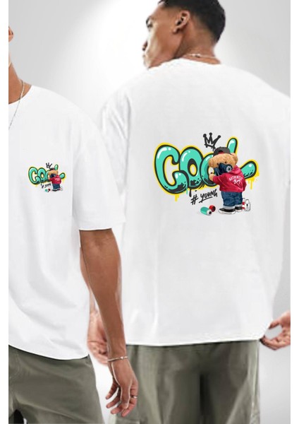 Cool Graffiti Baskılı Genç ve Sokak Modası Beyaz Oversize Kadın Erkek Ön ve Sırt Baskılı Tişört fırsatları