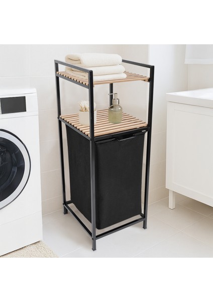 Ahşap Raflı Kirli Sepeti - 2 Katlı Raflı Çamaşır Sepeti Çok Amaçlı Banyo Düzenleyici 55 Litre Siyah