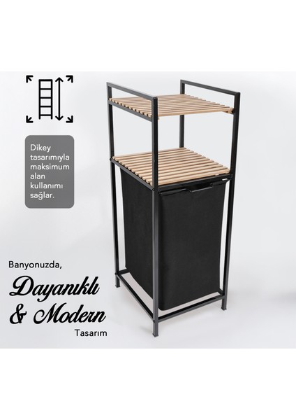 Ahşap Raflı Kirli Sepeti - 2 Katlı Raflı Çamaşır Sepeti Çok Amaçlı Banyo Düzenleyici 55 Litre Siyah fiyatları