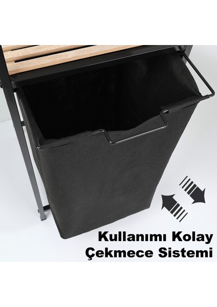Ahşap Raflı Kirli Sepeti - 2 Katlı Raflı Çamaşır Sepeti Çok Amaçlı Banyo Düzenleyici 55 Litre Siyah indirimleri