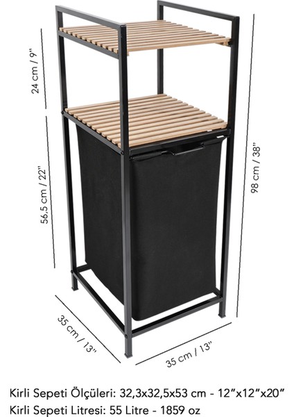 Ahşap Raflı Kirli Sepeti - 2 Katlı Raflı Çamaşır Sepeti Çok Amaçlı Banyo Düzenleyici 55 Litre Siyah