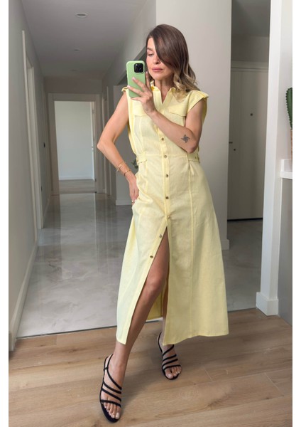 Sarı Kemer Detaylı Keten Gömlek Elbise