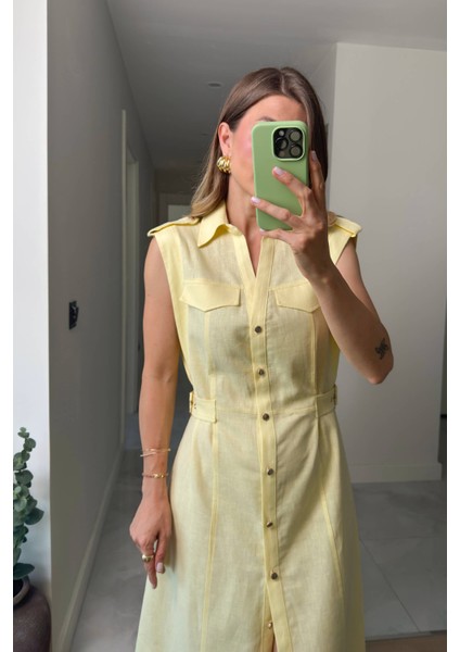 Sarı Kemer Detaylı Keten Gömlek Elbise modelleri