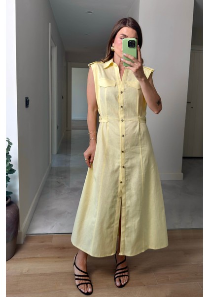 Sarı Kemer Detaylı Keten Gömlek Elbise fırsatları