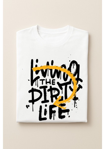 Erkek Beyaz Renk Living The Dirty Life Baskılı Oversize Tişört – Street Art Tarzı modelleri