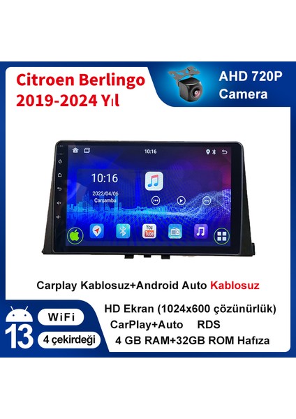 Citroen Berlingo 2019-2024 Yıl Uyumlu 10 Inç 4 GB Ram 32 GB Hafıza Multimedya Carplay Navigasyon
