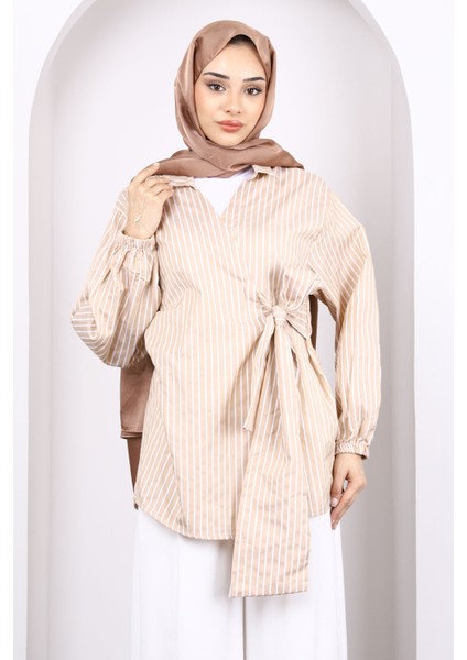Bisküvi Çizgili Yan Bağlamalı Kimono