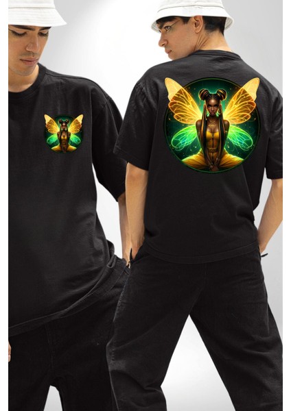 Yazlık Neon Sarı-Yeşil Kadın Melek Siyah Oversize Kadın Erkek Ön ve Sırt Baskılı Tişört