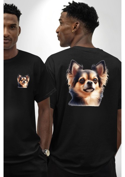 Sevimli Chihuahua Küçük Irk Köpek Siyah Oversize Kadın Erkek Ön ve Sırt Baskılı Tişört