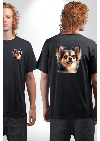 Sevimli Chihuahua Küçük Irk Köpek Siyah Oversize Kadın Erkek Ön ve Sırt Baskılı Tişört fırsatları