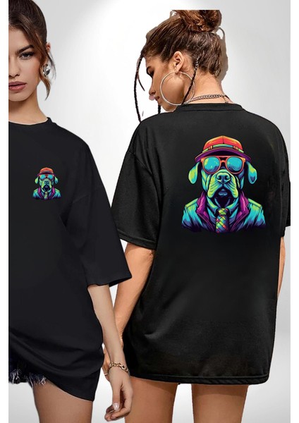 Neon Gözlüklü Renkli Stil Köpek Siyah Oversize Kadın Erkek Ön ve Sırt Baskılı Tişört
