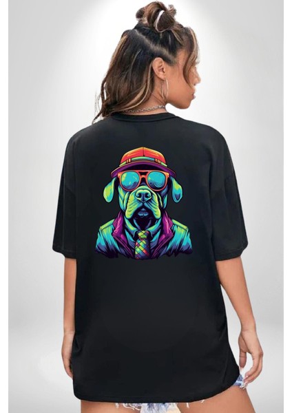 Neon Gözlüklü Renkli Stil Köpek Siyah Oversize Kadın Erkek Ön ve Sırt Baskılı Tişört fiyatları
