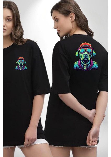 Neon Gözlüklü Renkli Stil Köpek Siyah Oversize Kadın Erkek Ön ve Sırt Baskılı Tişört fırsatları