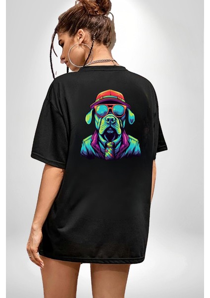 Neon Gözlüklü Renkli Stil Köpek Siyah Oversize Kadın Erkek Ön ve Sırt Baskılı Tişört indirimleri