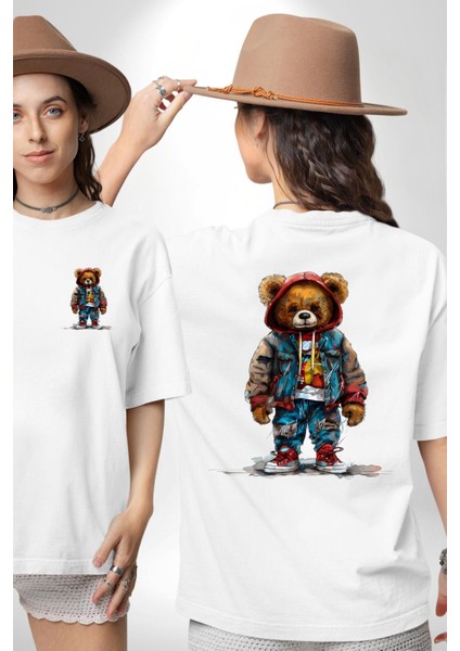 Trendy Kırmızı Sarı Taraftar Ayıcık Teddy Beyaz Oversize Kadın Erkek Ön ve Sırt Baskılı Tişört
