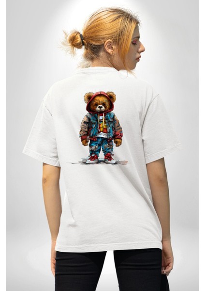 Trendy Kırmızı Sarı Taraftar Ayıcık Teddy Beyaz Oversize Kadın Erkek Ön ve Sırt Baskılı Tişört fiyatları