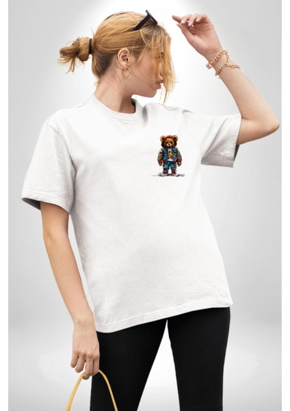 Trendy Kırmızı Sarı Taraftar Ayıcık Teddy Beyaz Oversize Kadın Erkek Ön ve Sırt Baskılı Tişört modelleri