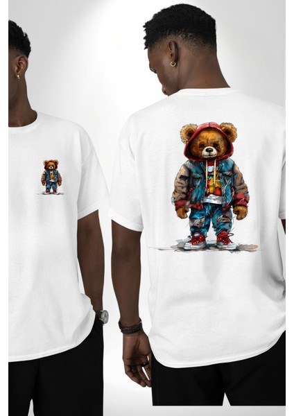 Trendy Kırmızı Sarı Taraftar Ayıcık Teddy Beyaz Oversize Kadın Erkek Ön ve Sırt Baskılı Tişört fırsatları