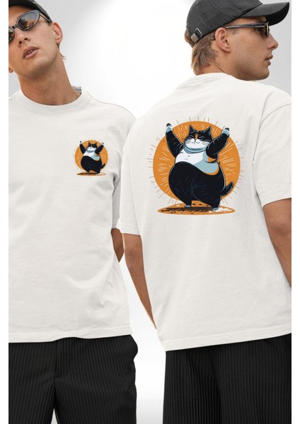 Komik Şişman Yoga Kedi Beyaz Oversize Kadın Erkek Ön ve Sırt Baskılı Tişört