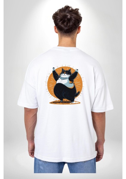 Komik Şişman Yoga Kedi Beyaz Oversize Kadın Erkek Ön ve Sırt Baskılı Tişört fiyatları
