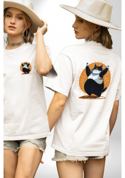 Komik Şişman Yoga Kedi Beyaz Oversize Kadın Erkek Ön ve Sırt Baskılı Tişört fırsatları
