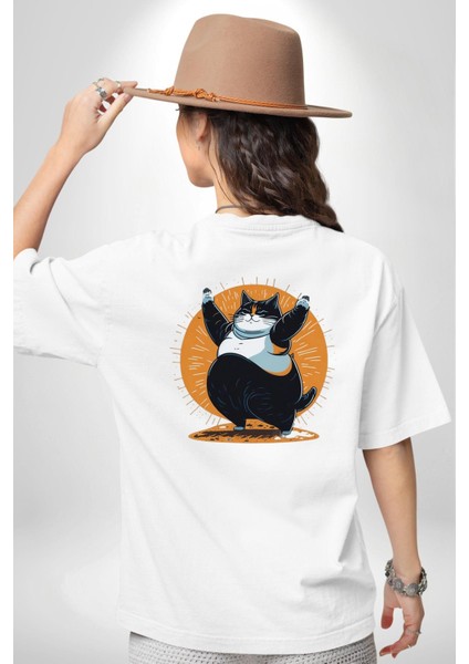 Komik Şişman Yoga Kedi Beyaz Oversize Kadın Erkek Ön ve Sırt Baskılı Tişört indirimleri