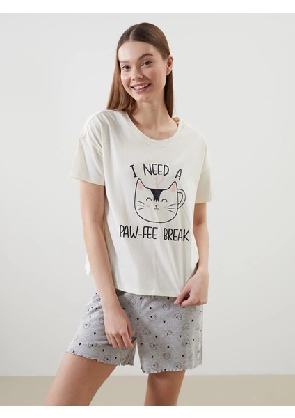 Lcw Dream Bisiklet Yaka Baskılı Kadın Şortlu Pijama Takımı (S5)