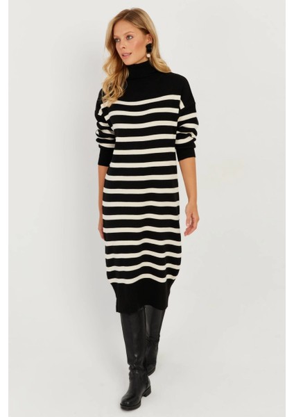 Kadın Siyah Çizgili Balıkçı Triko Midi Elbise MSF2539