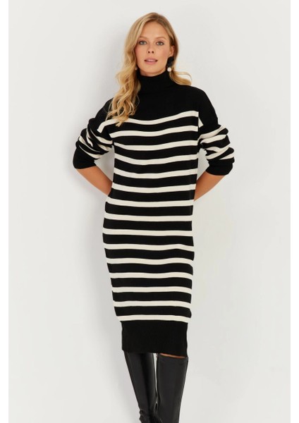 Kadın Siyah Çizgili Balıkçı Triko Midi Elbise MSF2539 fiyatları