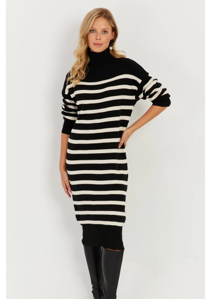 Kadın Siyah Çizgili Balıkçı Triko Midi Elbise MSF2539 modelleri