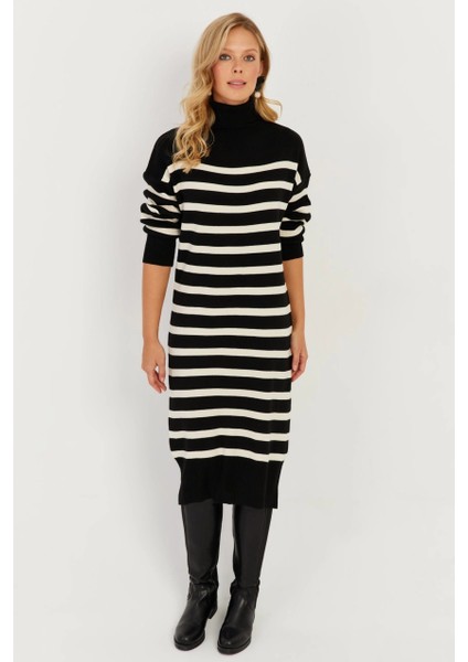 Kadın Siyah Çizgili Balıkçı Triko Midi Elbise MSF2539 fırsatları