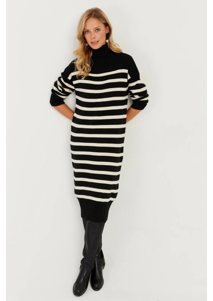 Kadın Siyah Çizgili Balıkçı Triko Midi Elbise MSF2539 indirimleri