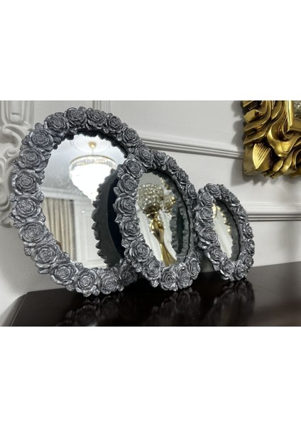 Papatya Modeli Gümüş Duvar Aynası 3 Lü Set