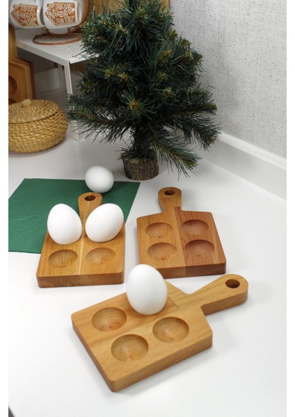 4'lü Ahşap Yumurtalık Yuvarlak Saplı Sofra Sunumu (3'lü Set)